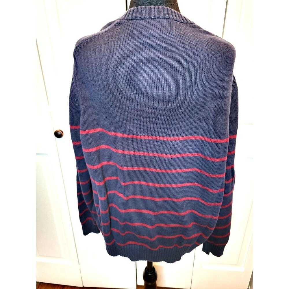 Men Lands' End Drifter Navy Burgundy Stripe V Neck Sweater XL Preppy Nautical - Picture 2 of 6